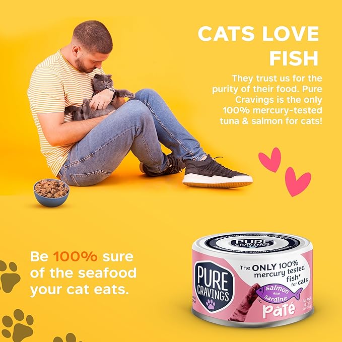 Pure Cravings Salmon and Sardine Pate, Canned Wet Cat Food, 100% Mercury-Tested, Moist Can Fish, Grain-Free Protein, Non-GMO, 12 Pack