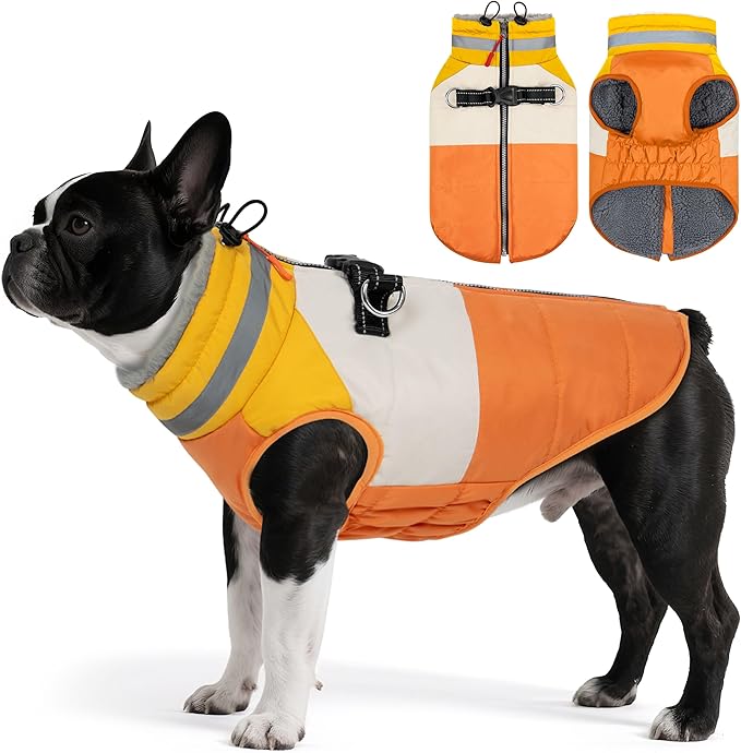 Dog Coat, Waterproof Dog Winter Jacket with Harness Built in, Turtleneck Warm Doggie Cold Weather Coats, Reflective Pet Vest for Indoor & Outdoor, Windproof Dogs Snowsuit, Orange Large