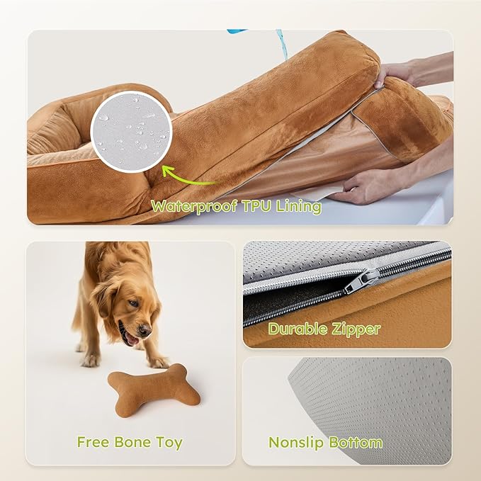 Dog Beds for Large Dogs, Orthopedic Dog Bed with Cooling Gel Memory Foam, Waterproof Large Pet Bed with Removable Washable Cover, 36" Pet Sofa Couch Dutch Velvet with Bone Toy, Brown