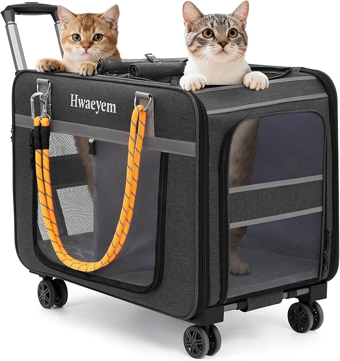 Extra Large Pet Cat Carrier with Wheels, Rolling Pet Carrier for 2 Cats or Medium Dog, 24" X 15" X 17" Portable Dog Cat Crate for Large Cat, Support up to 40 Lbs, Grey