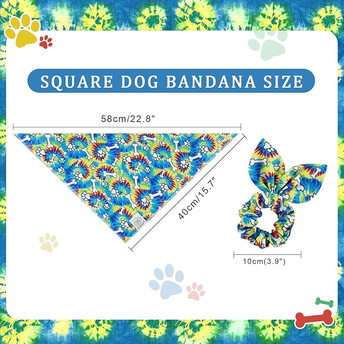 E-Clover Rainbow Dog Bandanas & Matching Scrunchie Set Girl Cute Pride Dog Scarf Bibs Pet Bandana with Bow Tie for Small Dogs Puppy Owner Mom Spring