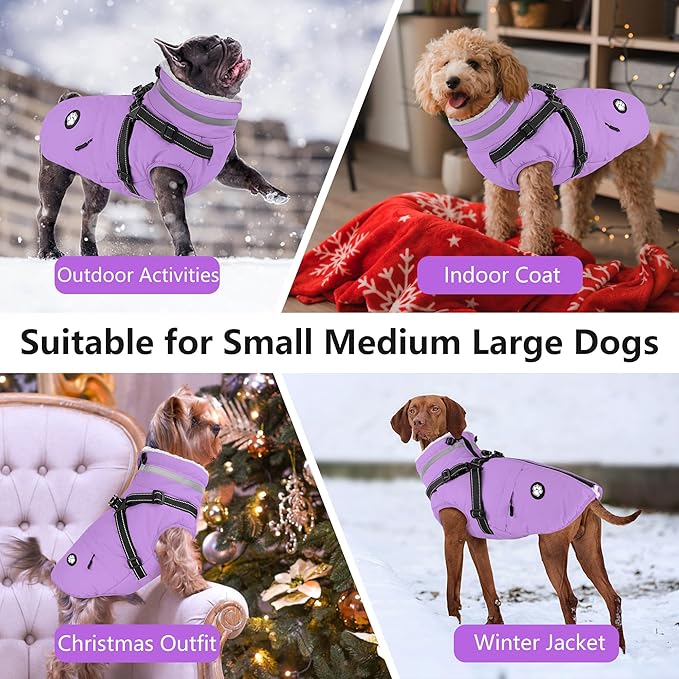 Dogcheer Dog Coat with Harness, Waterproof Dog Jacket, Reflective Puppy Winter Jacket with Pocket, Doggy Turtleneck Fleece Vest for Small Medium Large Dogs - Taro Purple, XL
