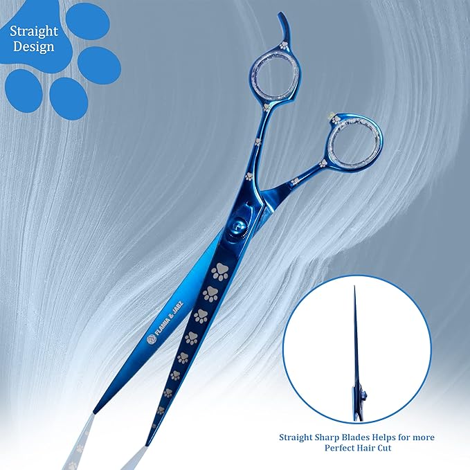 Professional Dog Grooming Scissors/Shears, Straight, with Paw Prints for Dogs, Cats & Pets (Right Handed, Blue, Stainless Steel 8 Inch)