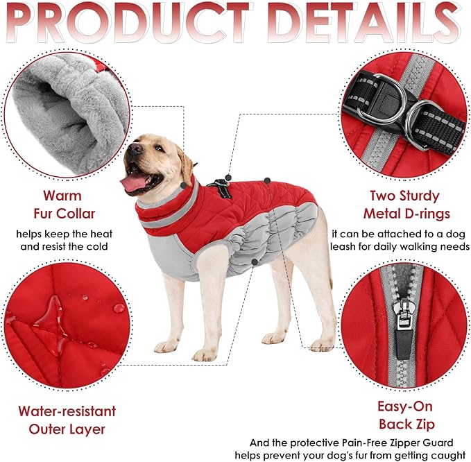 AOFITEE Dog Coat, Warm Dog Jacket, Reflective Winter Coats for Medium Dogs, Turtleneck Dogs Winter Jacket with Harness Built in, Waterproof Windproof Pet Fleece Vest Puffer Jacket, Christmas Red M