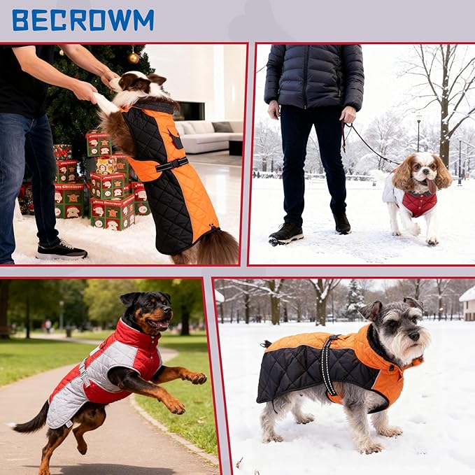 Dog Coat Dogs Winter Coat- Fleece Lined,Water-Resistant,Convertible Collar,Back Reflective Strip&Easy to Wear for Outdoor Walking Dog-Jacket(Orange, Large)