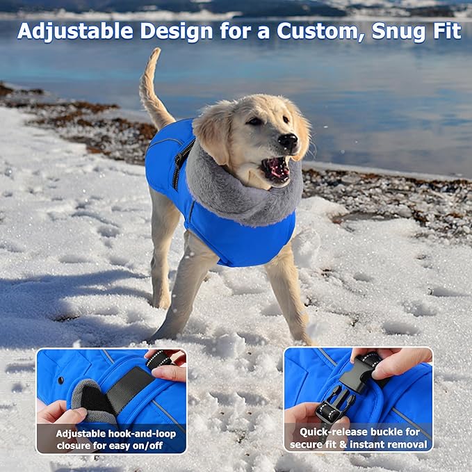 Dogcheer Dog Coat with Pocket, Waterproof Dog Jacket with Adjustable Buckle, Reflective Puppy Winter Coat Warm Turtleneck Fleece SnowJacket for Small Medium Large Dogs - Blue L