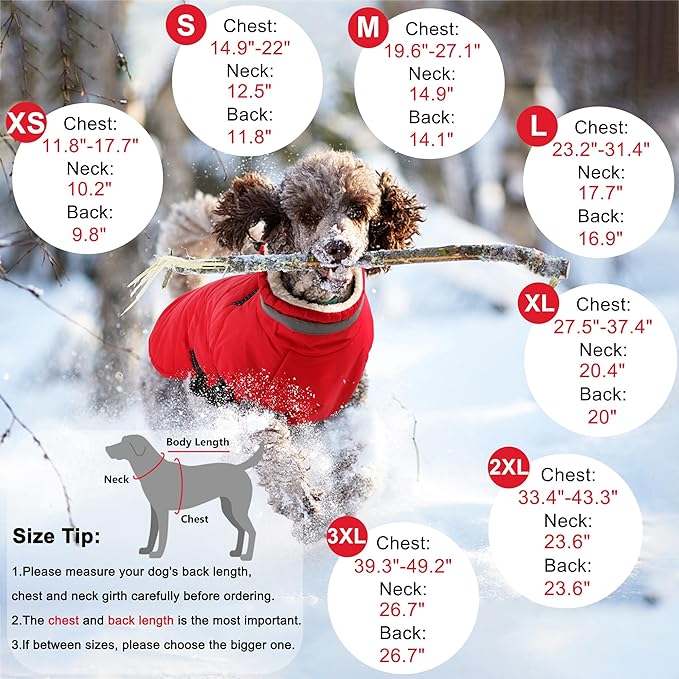 Dogcheer Dog Coat with Harness, Waterproof Dog Jacket Adjustable Pet Winter Coat with Zipper, Christmas Puppy Snow Jacket Fleece Sweater for Small Medium Large Dogs - Red 2XL