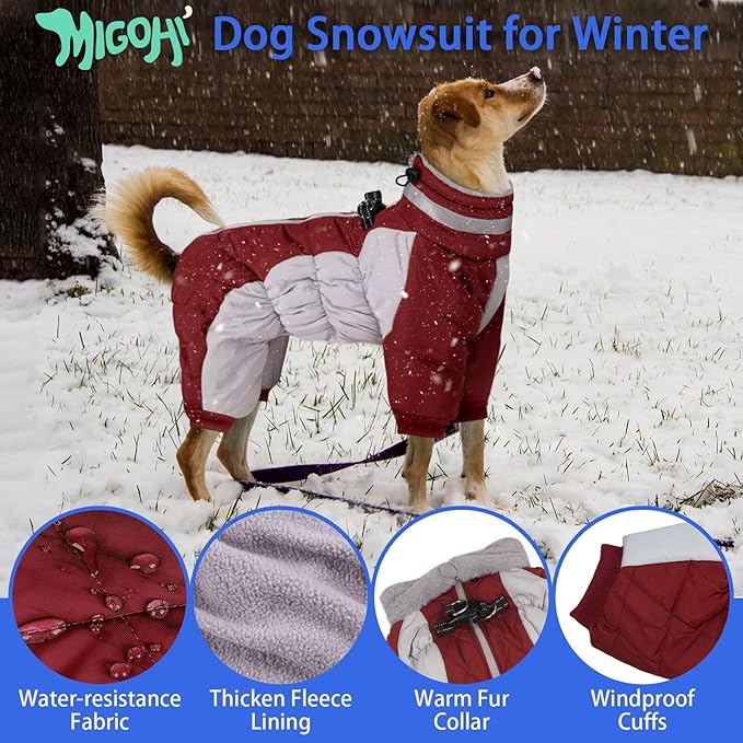 MIGOHI Full Body Dog Coat - Warm Reflective Winter Coat for Medium Dogs with Harness,Turtleneck Dog Fleece Jacket,Four-Leg Windproof Puffer Jackets Snowsuit with Zipper for Small Medium Large Dogs,L