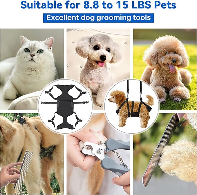 2 in 1 Pet Grooming Hammock with No-Pull Harness, Disassembles into Leash, Adjustable Loop/Leash, Stainless Hooks, Small Size for Cat/Dog