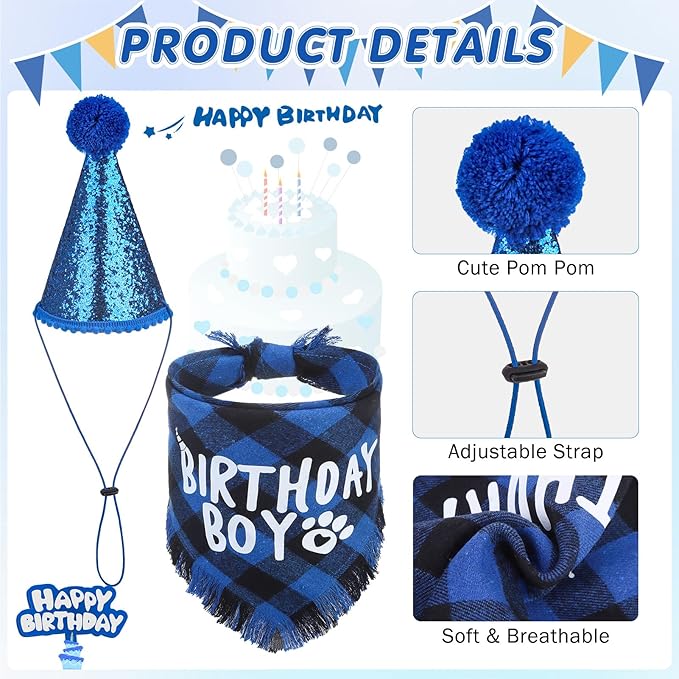 SCENEREAL Dog Birthday Party Supplies, Dog Birthday Bandana Hat Toy Bow Tie Collar Set with Birthday Numbers, Pet Birthday Scarf Accessories Outfit Decorations for Boy Girl Large XL Dogs