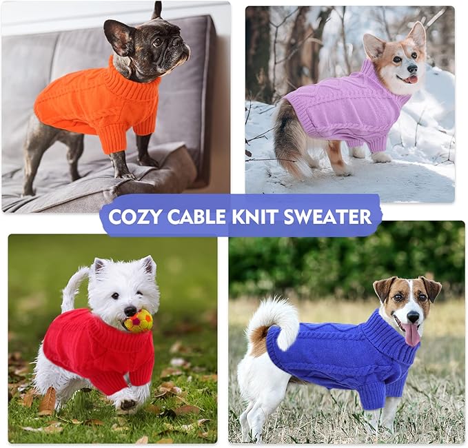 Queenmore Small Dog Pullover Sweater, Cold Weather Cable Knitwear, Classic Turtleneck Thick Warm Clothes for Chihuahua, Bulldog, Dachshund, Pug (Lilac, Large)