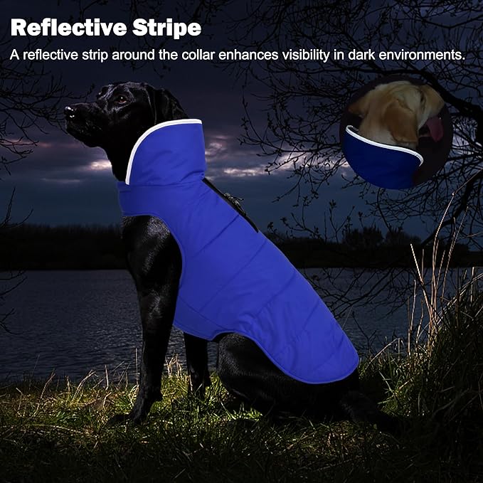 Dog Winter Coat, Waterproof Dog Jacket with Leash Hole, Reflective Adjustable Pet Snow Vest, Warm Fleece Sweater for Small Medium Large Dogs - Blue, L