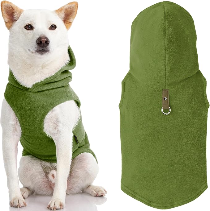 Gooby Fleece Vest Hoodie Dog Sweater - Green, Large - Warm Pullover Dog Hoodie with O-Ring Leash for Small to Medium Dogs