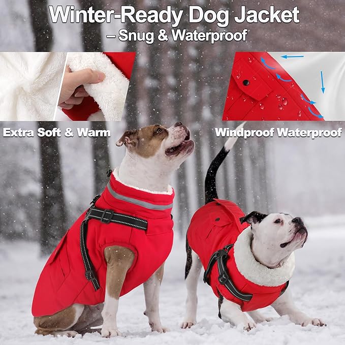 Dogcheer Dog Coat with Harness, Waterproof Warm Dog Winter Jacket with Pockets, Reflective Pet Fleece Jacket Turtleneck Snowsuit for Small Medium Large Dogs - Red, M