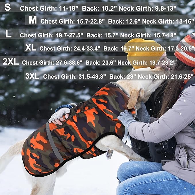 Dogcheer Warm Dog Coat, Waterproof Dog Jacket Christmas Puppy Winter Coat with Buckle, Reflective Adjustable Pet Snow Jacket Turtleneck Fleece Sweater for Small Medium Large Dogs - Orange Camo, M