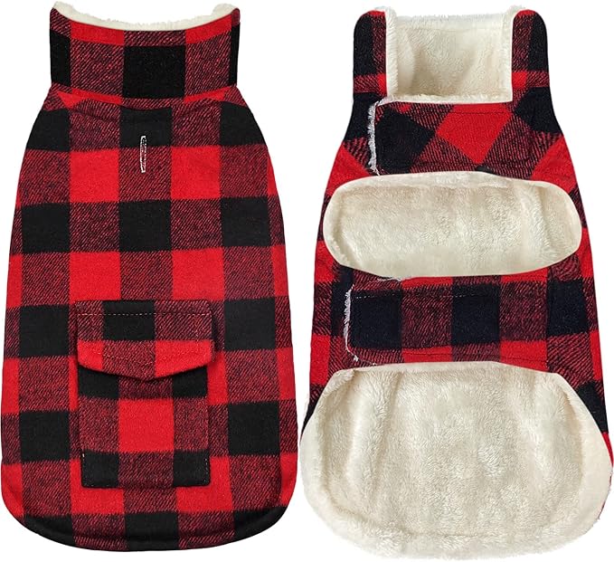 Malier Classic Plaid Fleece Dog Coat - Warm Winter Jacket with Pocket, Windproof for Small, Medium, Large Dogs (Red, X-Large)
