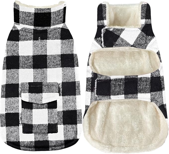 Malier Classic Plaid Fleece Dog Coat Jacket - Windproof Warm Winter Pet Clothes Apparel for Small to Large Dogs (White, Small)