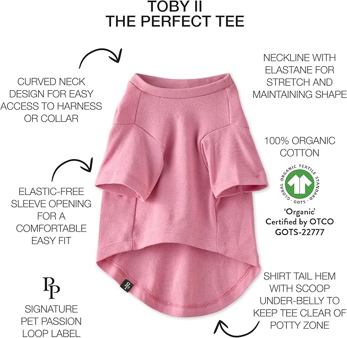 Toby II - The Perfect Tee, 8 Pack Short Sleeve Pet T-Shirt 100% Organic Cotton Tees Clothes for Small, Medium, Large Dogs, Rainbow Pink, Medium