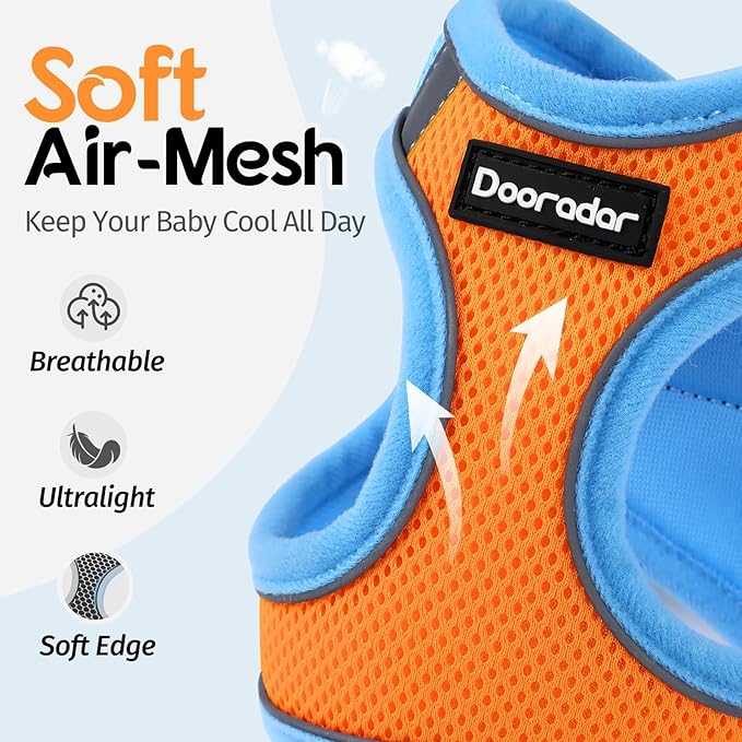 Dooradar Cat Harness and Leash Set, Escape Proof Lightweight Kitten Harness, Soft Breathable Reflective Vest for Outdoor Walking Traveling, Adjustable for Small Cats, Orange & Blue, S