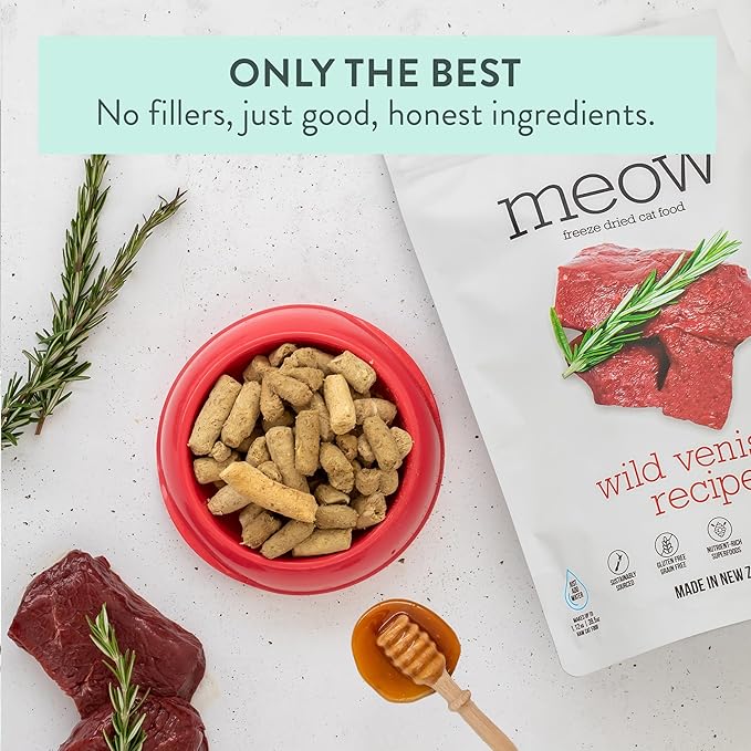 The New Zealand Natural Pet Food Co Meow Freeze Dried Cat Food - Wild Venison Recipe, High Protein Treats, Meals & Toppers, Dry Cat Food, 1.76 oz