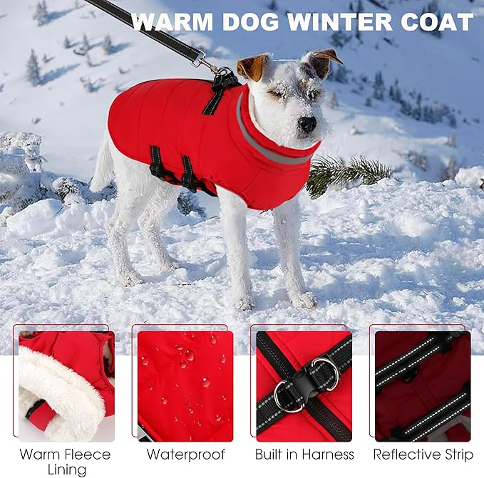 Small Dog Coat with Harness Built-in, Waterproof Reflective Fleece Lined - Warm Windproof Winter Jacket with Back Zipper, Cold Weather Snow Dog Coats - Red - S