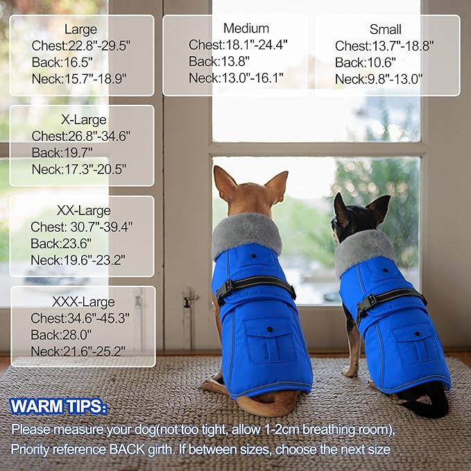 Dogcheer Dog Coat with Pocket, Waterproof Dog Jacket with Adjustable Buckle, Reflective Puppy Winter Coat Warm Turtleneck Fleece SnowJacket for Small Medium Large Dogs - Blue M