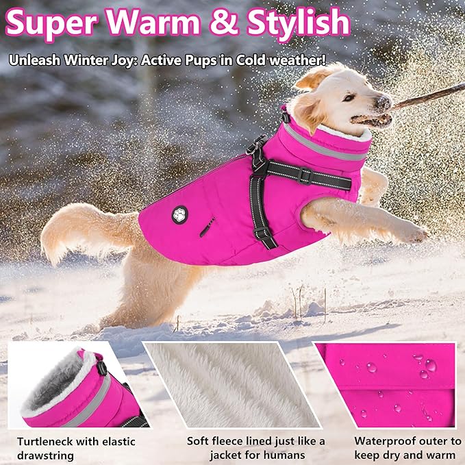 Dogcheer Dog Coat with Harness, Waterproof Dog Jacket Christmas Pet Winter Coat with Pockets, Reflective Doggy Turtleneck Fleece Jacket for Small Medium Large Dogs - Pink, L