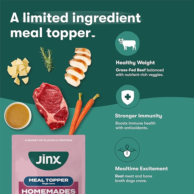 Jinx Beef Wet Dog Food Pouches, Meal or Dog Food Topper Mix-in, Made with Real Beef & Chicken, Bone Broth, No Fillers - Puppy, Adult, Senior, 3oz, 8 Pack