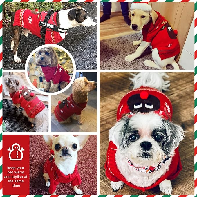 PETCARE Dog Christmas Sweater Red Ugly Funny Cute Cartoon Reindeer Cat Sweaters Jumper Holiday Dog Clothes Puppy Sweaters for Small Medium Large Dogs Fall Winter Outfits Xmas Dogs Costume,XX-Small