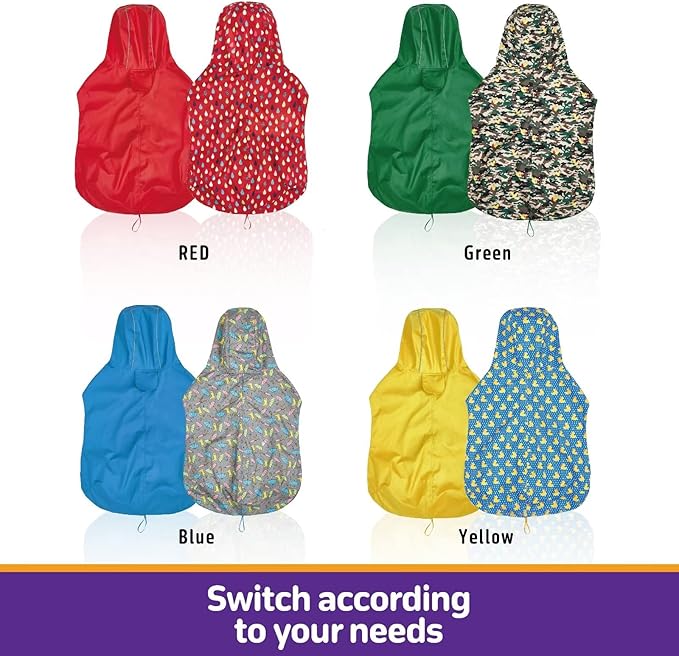 Dog Raincoat Reversible, Single Side Slicker Poncho Adjustable Waterproof Dog Rain Jacket with Leash Hole/Reflective Stripe Hooded Snowproof Windproof Clothes for Small to 3X-Large Dogs, S