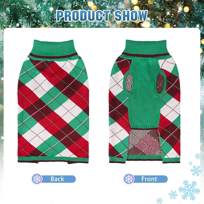 KOOLTAIL Dog Christmas Sweater Pet Knitted Clothes - Classic Plaid Pull Over Turtleneck Christmas Dog with Leash Hole Warm Dogs Winter Clothing for Small Medium Dogs Cats Puppy (Green & Red L)