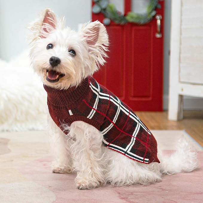 PUPTECK Dog Christmas Sweaters for Large Medium Small Dogs - Fall Classic Plaid Style Puppy Holiday Winter Coat Clothes Warm, Deep Red, XS