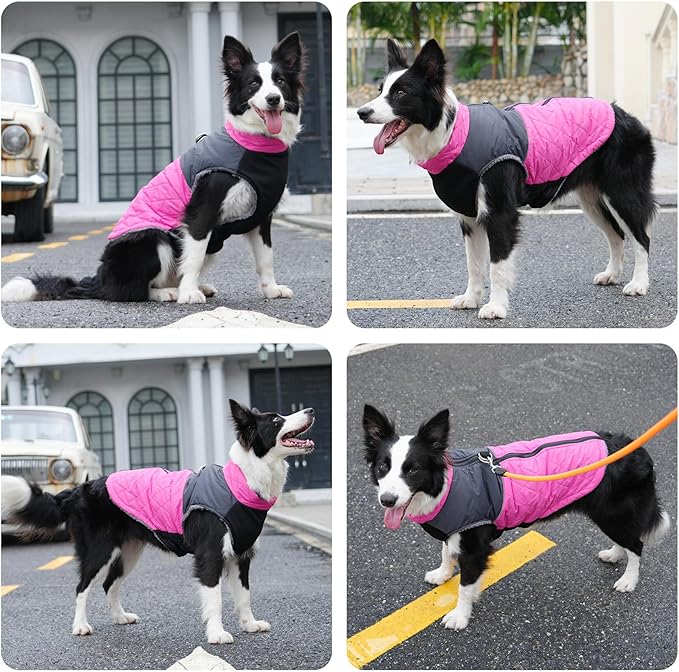 Warm Fleece Dog Coats for Large Dogs,D-Rings Waterproof Puppy Jacket for Cold Winter,Pink XXXL