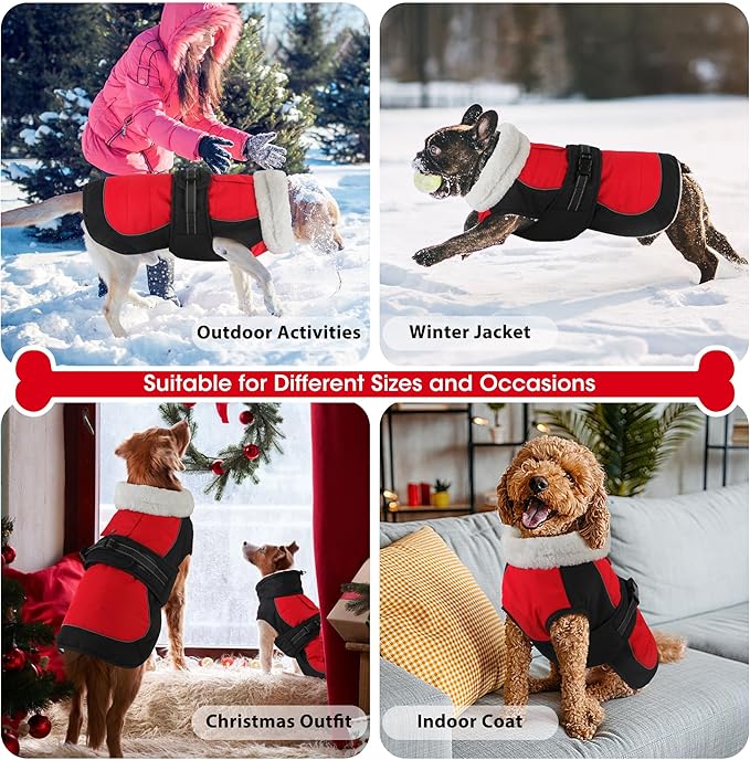 Dogcheer Dog Coat, Christmas Dog Jacket, Waterproof Turtleneck Puppy Winter Coat, Adjustable Pet Puffer Jacket, Reflective Warm Fleece Coats for Small Medium Large Dogs - Red, 3XL