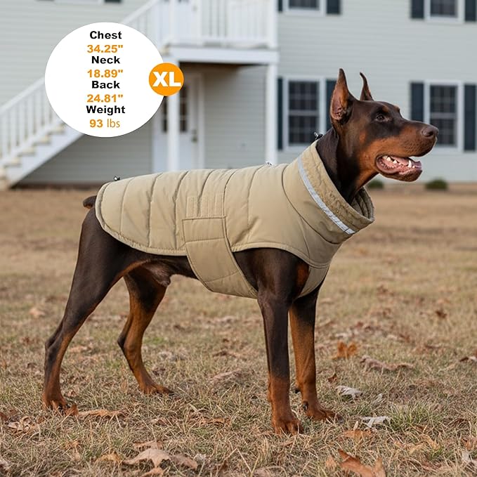 Dog Coat, Waterproof Winter Jacket, Warm Windproof Jacket, Reflective Adjustable Turtleneck Coats for Small Dogs with Hook & Loop - Khaki - S