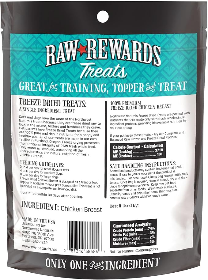 Northwest Naturals Raw Rewards Freeze-Dried Chicken Breast Treats for Dogs and Cats - Bite-Sized Pieces - Healthy, 1 Ingredient, Human Grade Pet Food, Natural - 3 Oz (Pack of 3)