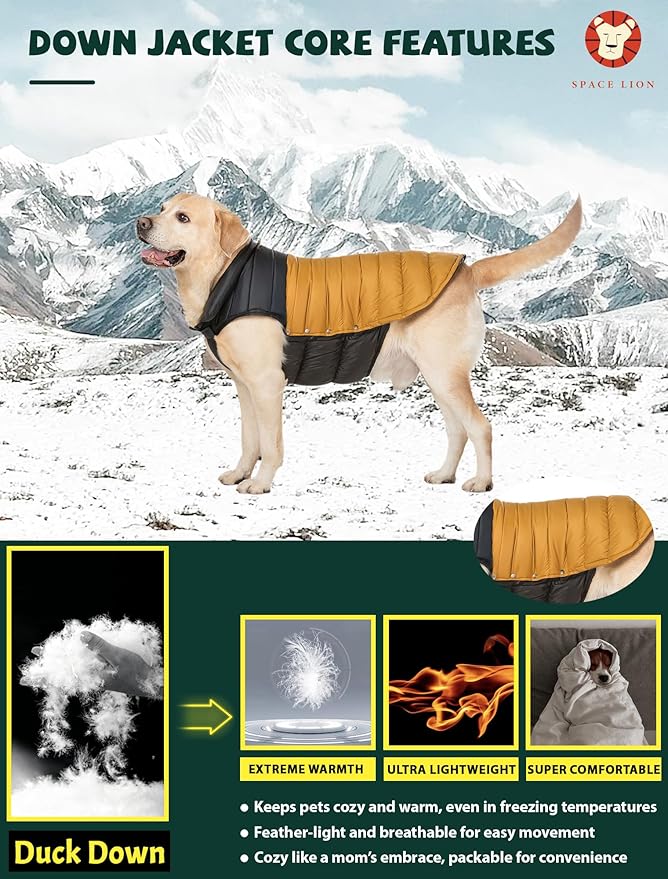 SPACE LION Dog Puffer Jacket, Down Winter Coat, Durable Outdoor Coat for Cold and Windy Conditions, Waterproof, Lightweight Jacket, Adjustable Fit for Small, Medium, Large Dogs(BlackKhaki,20/XL)