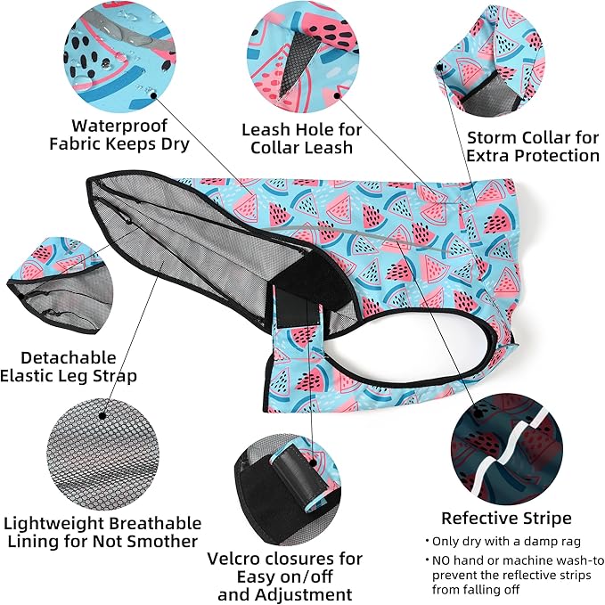 Mile High Life Dog Raincoat, Adjustable Waterproof Reflective Rain Jacket for Small Medium Large Dogs, Lightweight Breathable Pet Rain Coat with Leash Hole(Light Blue Watermelon,XXS Chest 16-19")