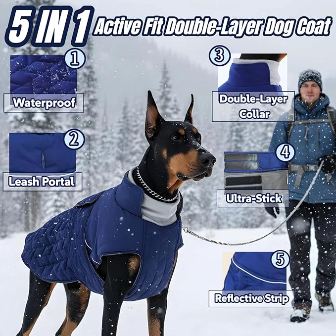 Outdoor Classic Quilted Upgraded Dog Winter Coat, Waterproof & Ultra Warmth Coats for Large Dogs, Lightweight Jackets Chest Adjustable, Pet Turtleneck Snowsuit for Labrador Dalmatian(Blue, 2XL)