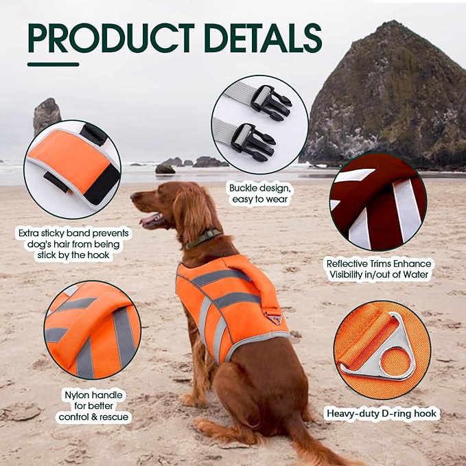 Kuoser Dog Life Jacket with Reflective Stripes, Adjustable High Visibility Dog Life Vest with High Flotation Swimsuit for Small Medium and Large Dogs