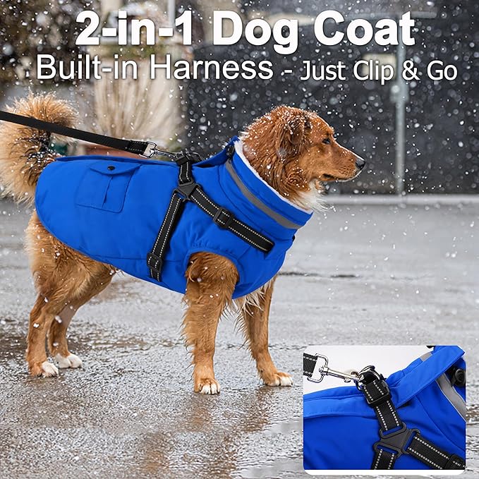 Dogcheer Dog Coat with Harness, Waterproof Warm Dog Winter Jacket with Pockets, Reflective Pet Fleece Jacket Turtleneck Snowsuit for Small Medium Large Dogs - Blue, XL
