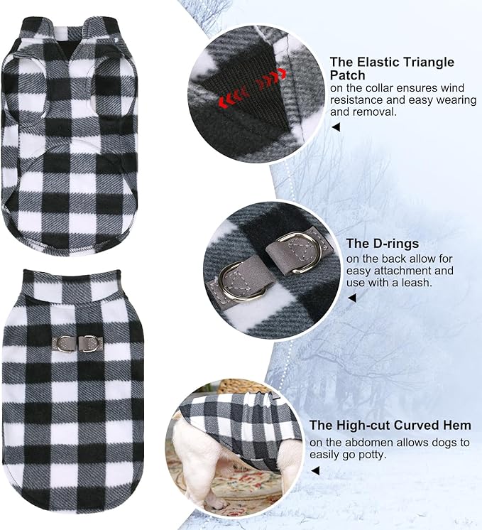 BEAUTYZOO Small Dog Sweater Fleece Vest Winter Jacket, D-Ring Leash Attachment for XS S Puppy Medium Sized Breeds Dogs, Cold Weather Dog Clothes Windproof Keep Warm, Classic White Plaid L