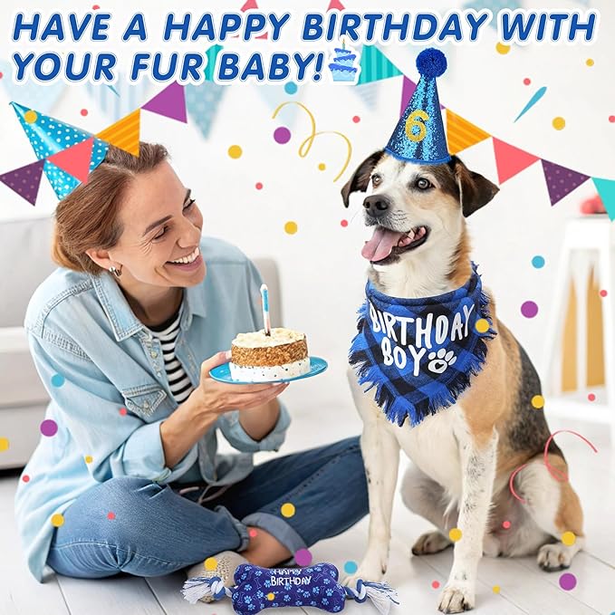 SCENEREAL Dog Birthday Party Supplies, Dog Birthday Bandana Hat Toy Bow Tie Collar Set with Birthday Numbers, Puppy Pet Birthday Scarf Accessories Outfit Decorations for Boy Girl Small Dogs, S
