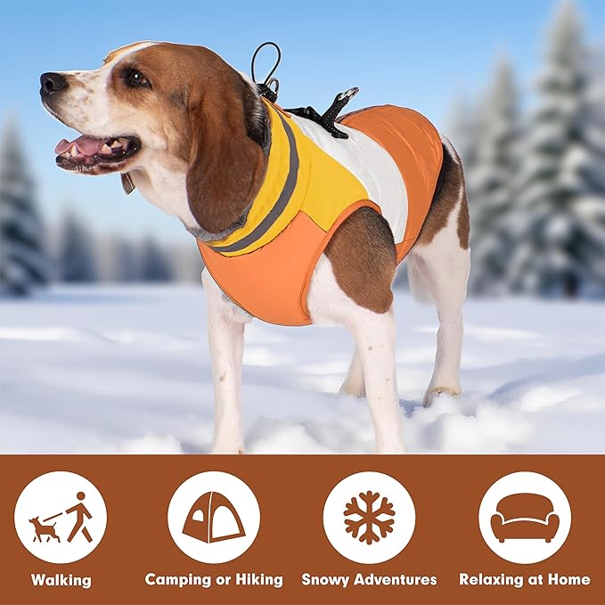 azuza Dog Jacket for Medium Dogs Waterproof Dog Coat with Reflective Strips and Harness Built in Warm Fleece Dogs Winter Coat Windproof with Back Zipper, Orange 2XL