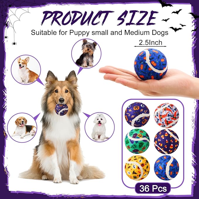 Civaner 36 Pcs Halloween Dog Toys Bulk, 2.5 Inch Squeaky Tennis Balls for Small Medium Large Dogs Pets Puppy Chew Teething Toy Interactive Training Gifts Xmas Stocking Stuffers