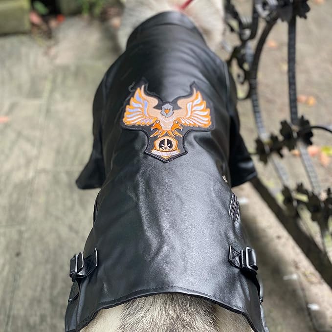 Lovelonglong Cool Dog Leather Jacket, Warm Coats Dogs Windproof Cold Weather Coats for Large Medium Small Dogs with Eagle Embroidery Black L-S