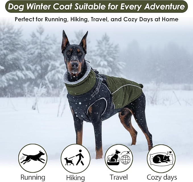 ASENKU Reflective Dog Coat with Built-in Harness, Windproof Fleece-Lined Dog Jacket for Small, Medium, Large Dogs, Warm Winter Vest with Turtleneck & Zipper (Green 2XL)