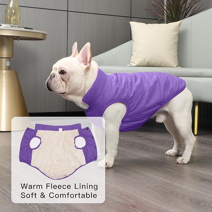 2 Layers Fleece Lined Warm Dog Jacket for Puppy Winter Cold Weather,Soft Windproof Small Dog Coat,Purple XS