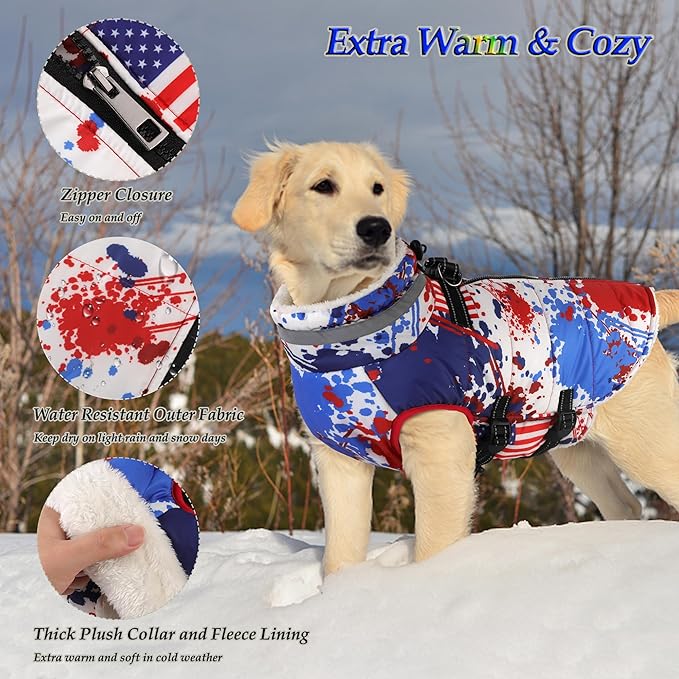 Dogcheer Dog Winter Coat, American Flag Dog Jacket with Harness, Adjustable Puppy Coat with Zipper, Waterproof Pet Fleece Jacket Snowsuit for Small Medium Large Dogs - US Flag 3XL