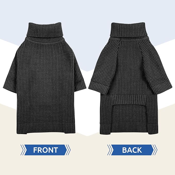 Queenmore Turtleneck Long Sleeve Knitted Sweater with Check Pattern, Warm Dog & Cat Sweater for Small to Large Pets, Charcoal Gray XS